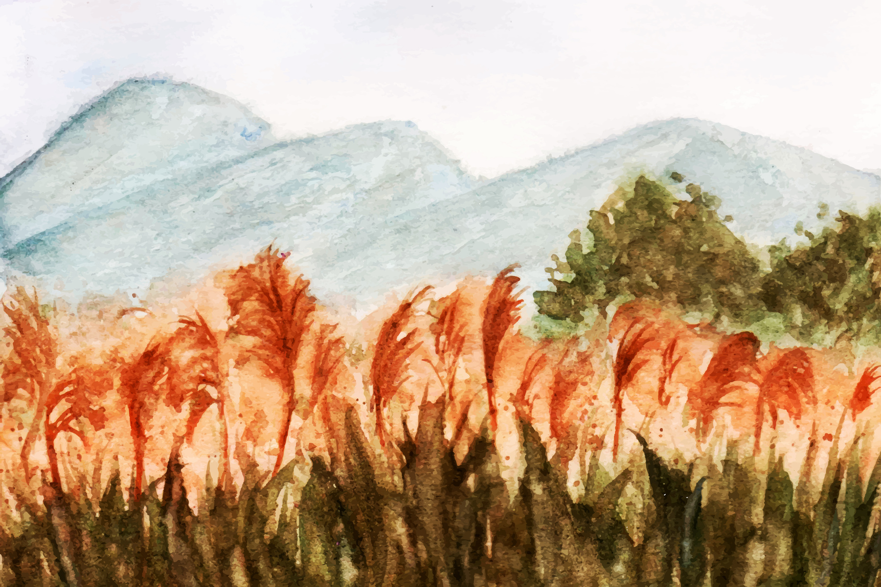 Pampas Grass Landscape Watercolor Painting